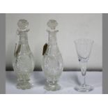 A 19TH CENTURY WINE GLASS & A PAIR OF HOPNAIL DECANTERS