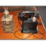 A BRASS HANGING LANTERN & BLACK BAKELITE TELEPHONE