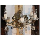 A PAIR OF BRASS & GLASS WALL FOUR LIGHT WALL SCONCES, 40cm high