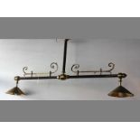 A BRASS TWIN-LAMP HANGING LIGHT FITTING, 156cm long