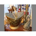 A BRASS SCUTTLE 37cm high & GILDED SWAN-FORM DOORSTOPPER, 37cm high (2)