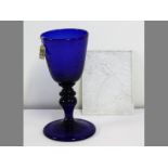 A LARGE HAND ENGRAVED BRISTOL BLUE GLASS GOBLET & LITHOPHASE PORCELAIN PANEL