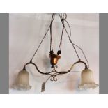 A COPPER TWO-LIGHT HANGING LAMP