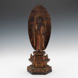 Antique Carved Gilt Wood Sculpture of Standing Buddha in Fearlessness and Generosity Mudras 17-1/2"T