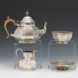 English Sterling Silver Tea Service, London, 1988 6"H, 4"H, 2"H Georgian style teapot with wooden