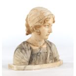 Carved Alabaster Bust of Maiden, attr. Prof. Giuseppe Bessi (Italian, 1857-1922) 14"T x 14"W x 8"