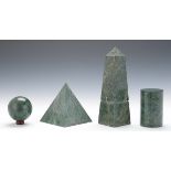 Four Polished Green Marble Tabletop Objects nullIncluding; a 10" obelisk, a 3" dia. orb, a 5-3/4"