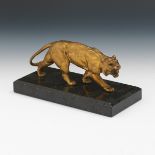 Gilt Metal Cabinet Sculpture of a Crouching Lioness on Marble Plinth 4"T x 7-7/8" x 3-5/8"