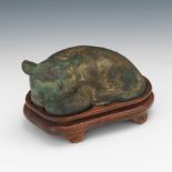 Japanese Cast Bronze Cabinet Sculpture of Reclining Cat on Fitted Rosewood Stand 4"T x 6-1/2" x 4-