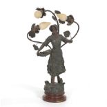 "Faneuse" Spelter Lamp by George Maxim 26"TArt Nouveau style figural lamp with applied brown patina,