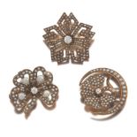 Three Ladies' Victorian Gold and Seed Pearl Pin Brooches