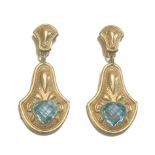 Ladies' Pair of Italian Gold and Heart Shape Blue Topaz Earrings