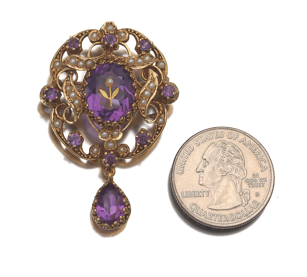 Victorian Style Gold, Amethyst, and Pearl Brooch - Image 2 of 6