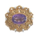 Victorian Gold, Amethyst and Seed Pearl Pin Brooch