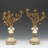 French Louis XV Style Pair of d'Ore Bronze and Carved Alabaster Three-Light Candelabra, ca. 19th Ce