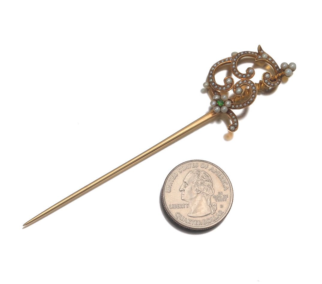 Antique Victorian Pearl and Demantoid Garnet Pin - Image 2 of 5
