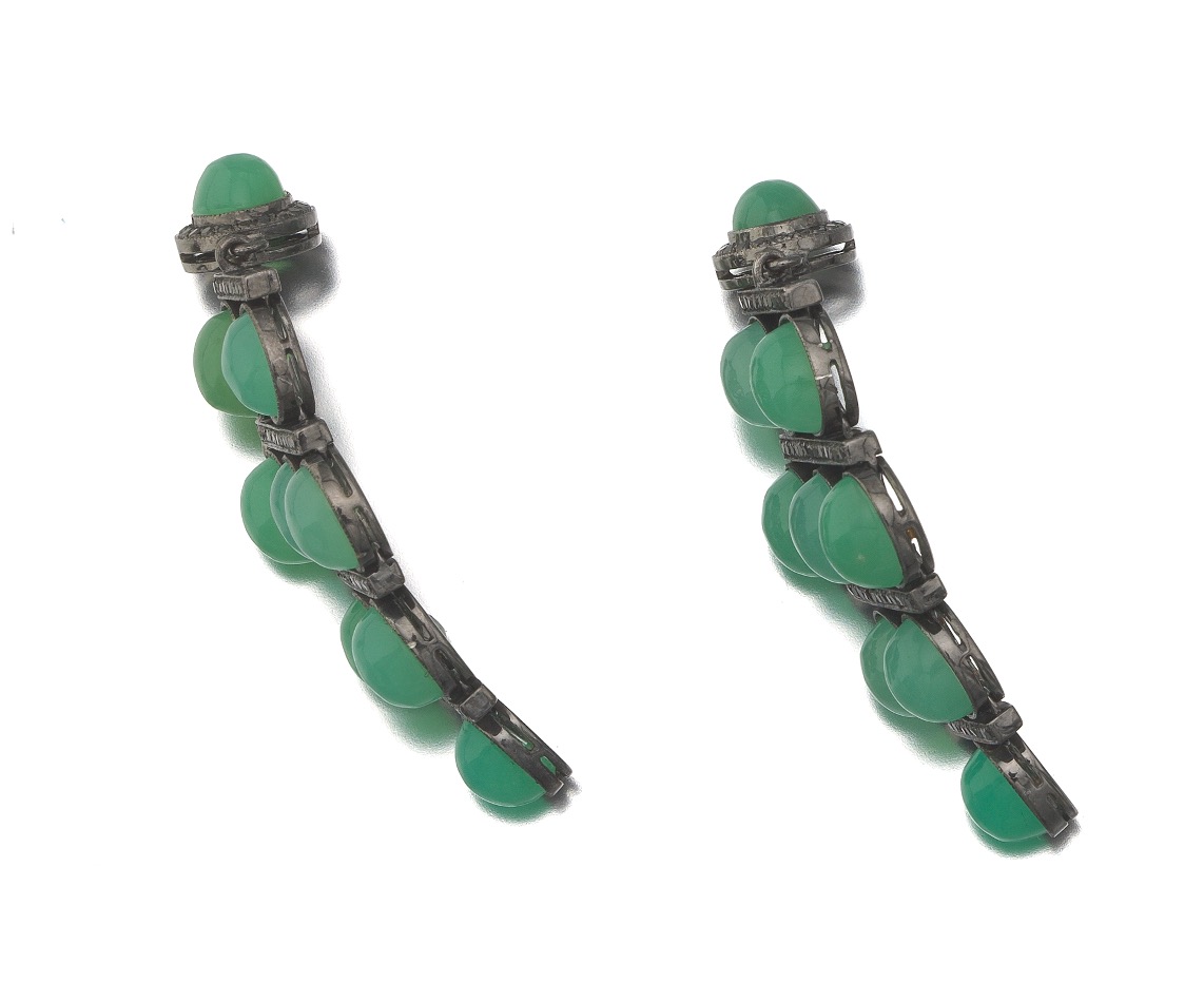 A Pair of Chrysoprase and Black Diamond Pendant Earrings - Image 3 of 5