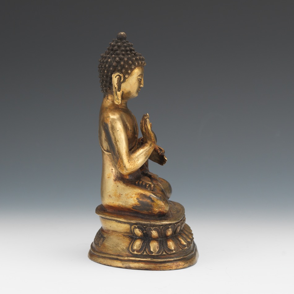 Chinese Gilt Bronze Statue of Seated Buddha Shakyamuni in Abhaya and Cincihna Mudras, Apocryphal Qi - Image 4 of 7