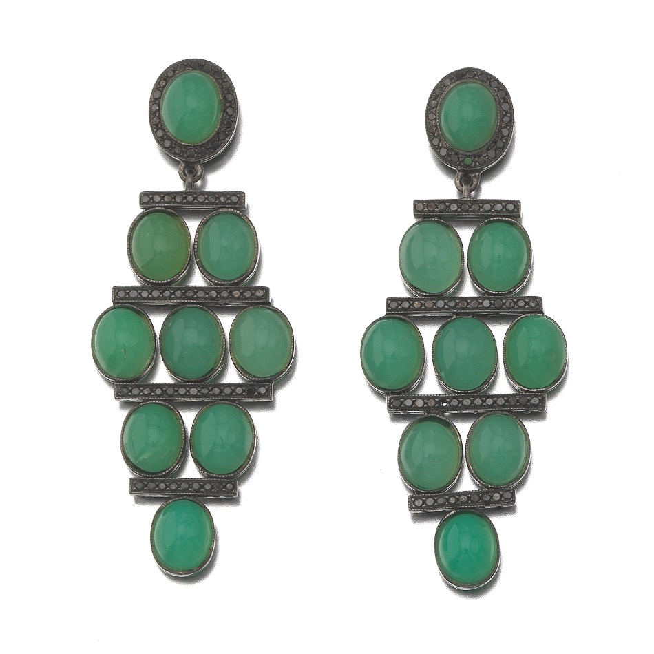 A Pair of Chrysoprase and Black Diamond Pendant Earrings