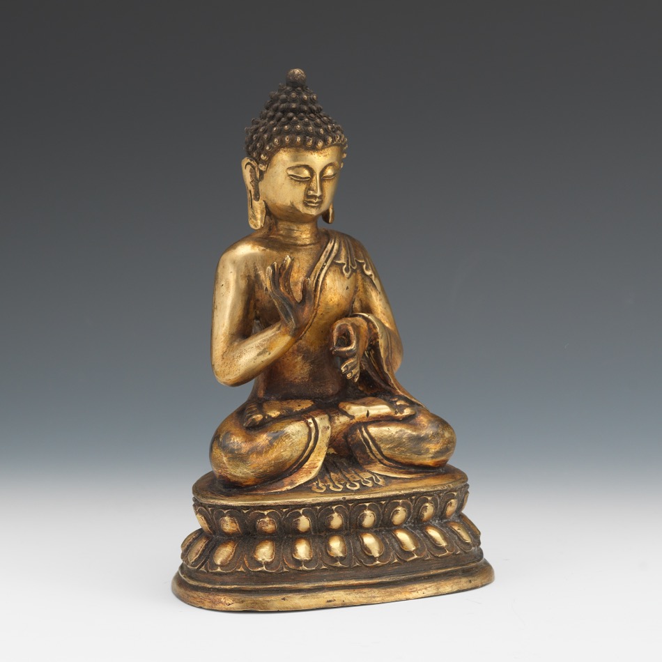 Chinese Gilt Bronze Statue of Seated Buddha Shakyamuni in Abhaya and Cincihna Mudras, Apocryphal Qi - Image 5 of 7