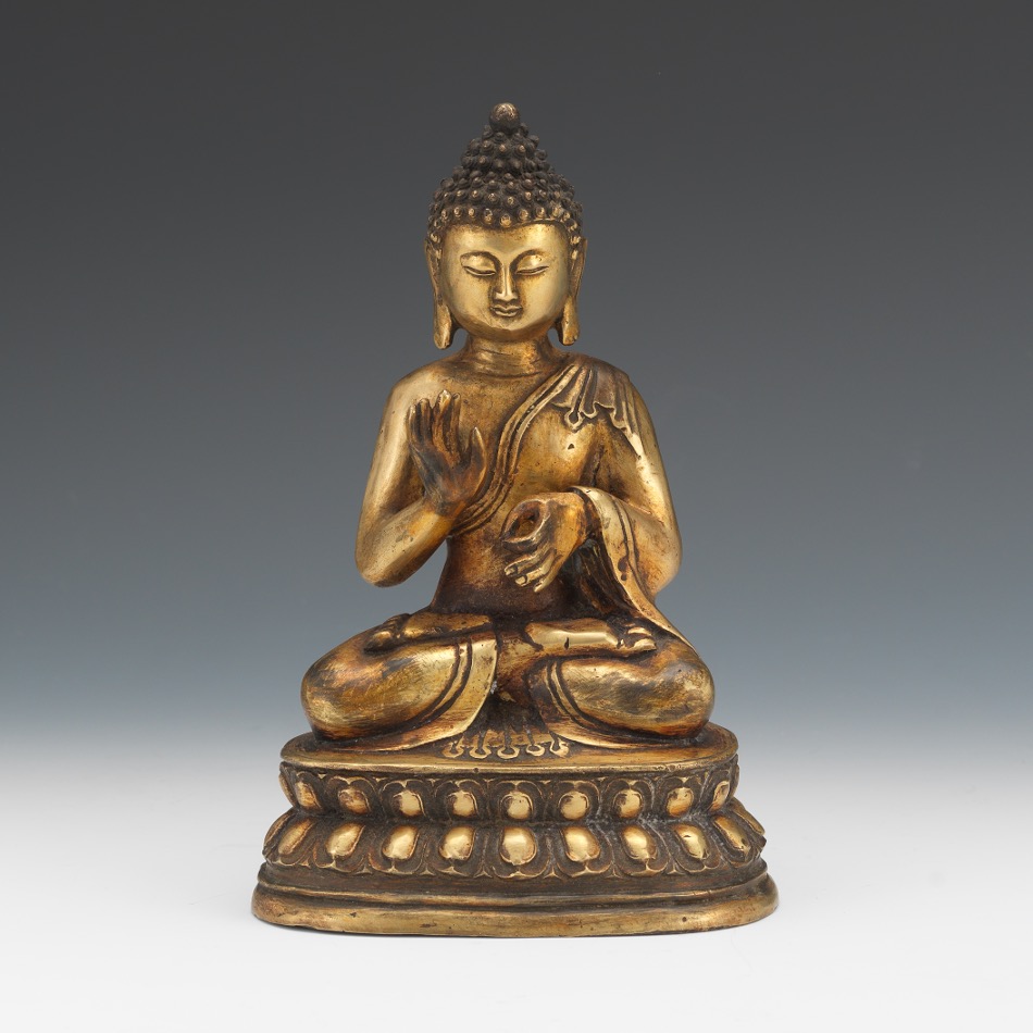 Chinese Gilt Bronze Statue of Seated Buddha Shakyamuni in Abhaya and Cincihna Mudras, Apocryphal Qi