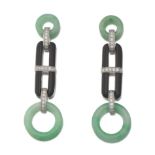 A Pair of Jadeite, Onyx and Diamond Pendant Earrings, Eli Frei