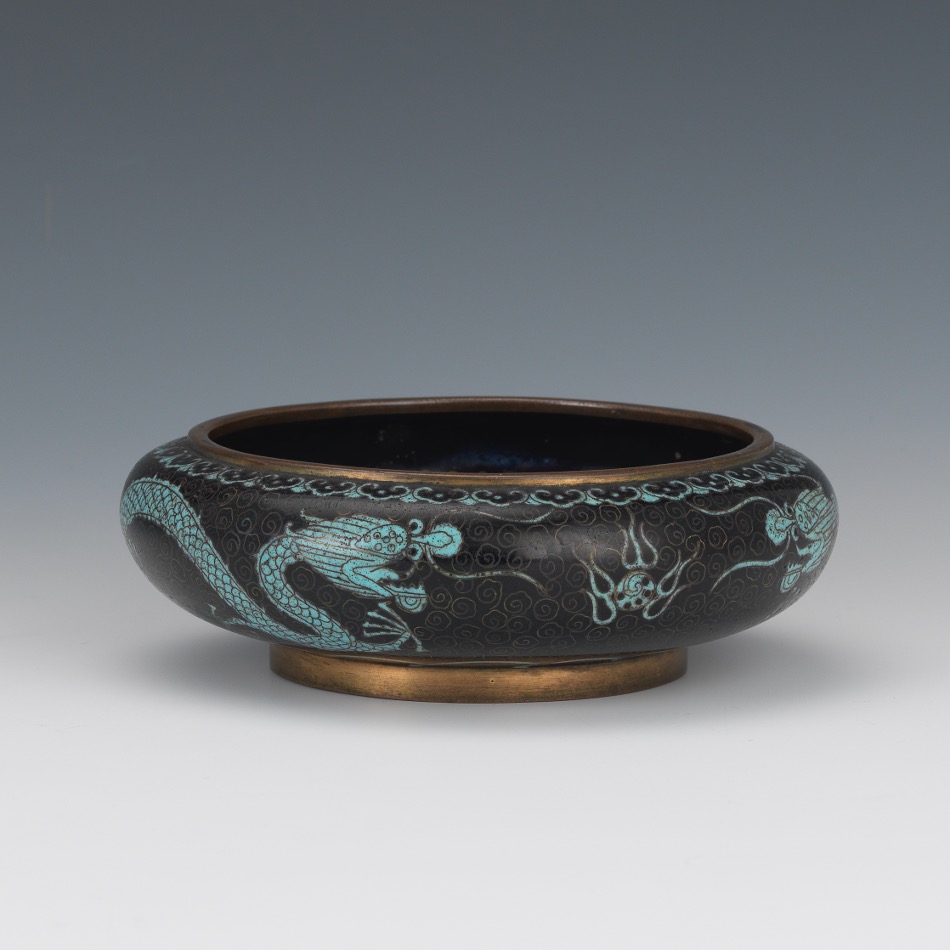 Chinese Cloisonne Enameled Turquoise Double Dragon Bowl, ca. Early 20th century - Image 3 of 7