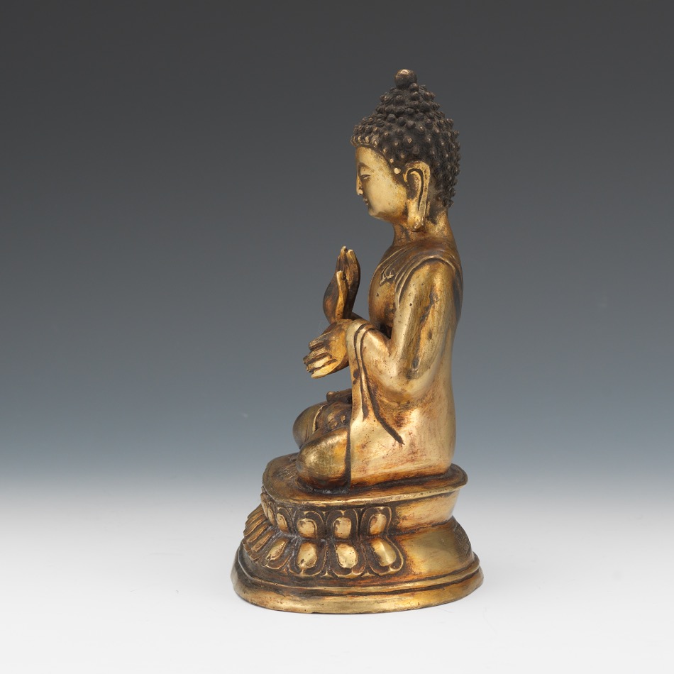 Chinese Gilt Bronze Statue of Seated Buddha Shakyamuni in Abhaya and Cincihna Mudras, Apocryphal Qi - Image 2 of 7