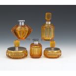 Art Deco Five-Piece Amber Glass and Silver Plated Vanity Set