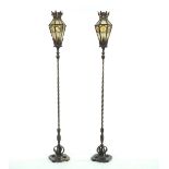 Pair of Wrought Iron Torchieres with Leaded Shades