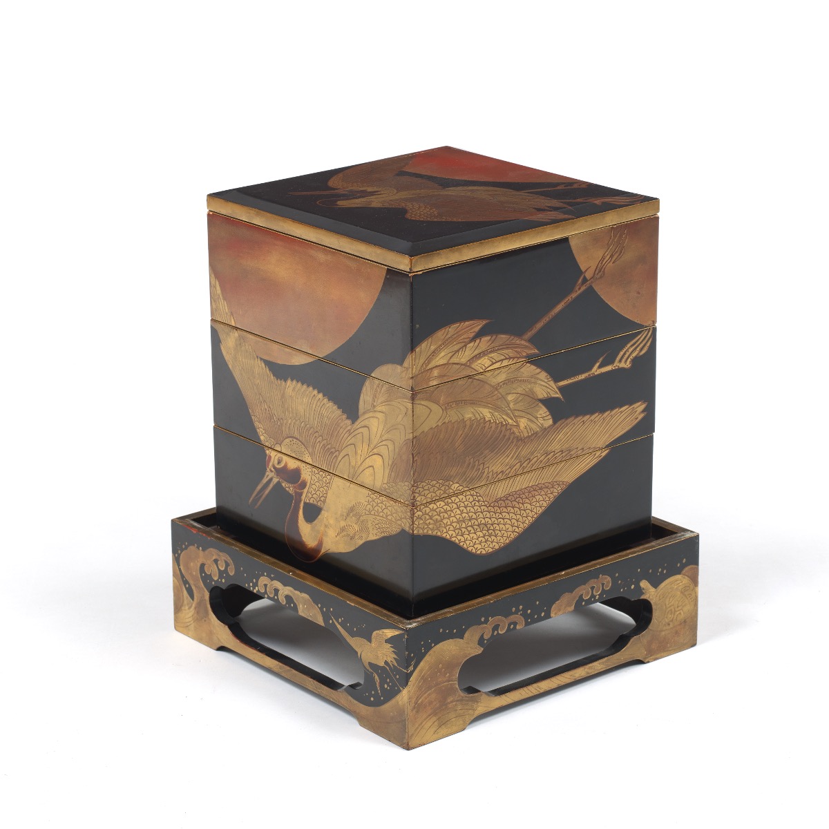 Japanese Tsuru & Kame (Crane & Turtle) Takamaki-e Gold on Black Lacquered Wood Three-Chamber Nestin