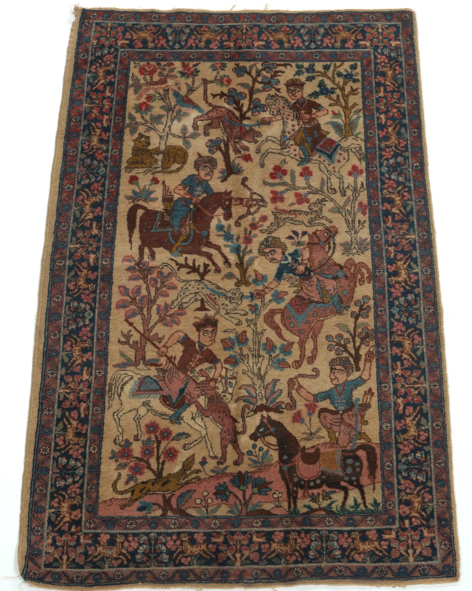 Tabriz Pictorial Hunting Carpet after 16th Century Safavid Design, ca. 1920's
