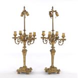 French Baroque Style Pair of D'Ore Bronze Four Light Candelabra Fitted as Table Lamps ca. 19/Early