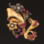 European Retro Gold, Diamond and Synthetic Ruby Brooch