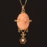 Ladies' Italian Gold, Carved Coral and Diamond Pendant on Chain