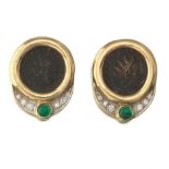 Ladies' Gold, Antique Coins, Emerald and Diamond Pair of Earrings