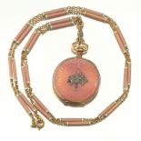 Swiss Marc Plojoux Pink Guilloche Enamel Watch on Gold and Enamel Chain, Geneva, ca. 1900