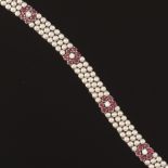 Ladies' White Gold, Diamond and Ruby Flower Bracelet