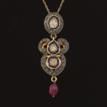 Ladies' Victorian Silver Topped Gold, Diamond and Ruby Pendant on Chain