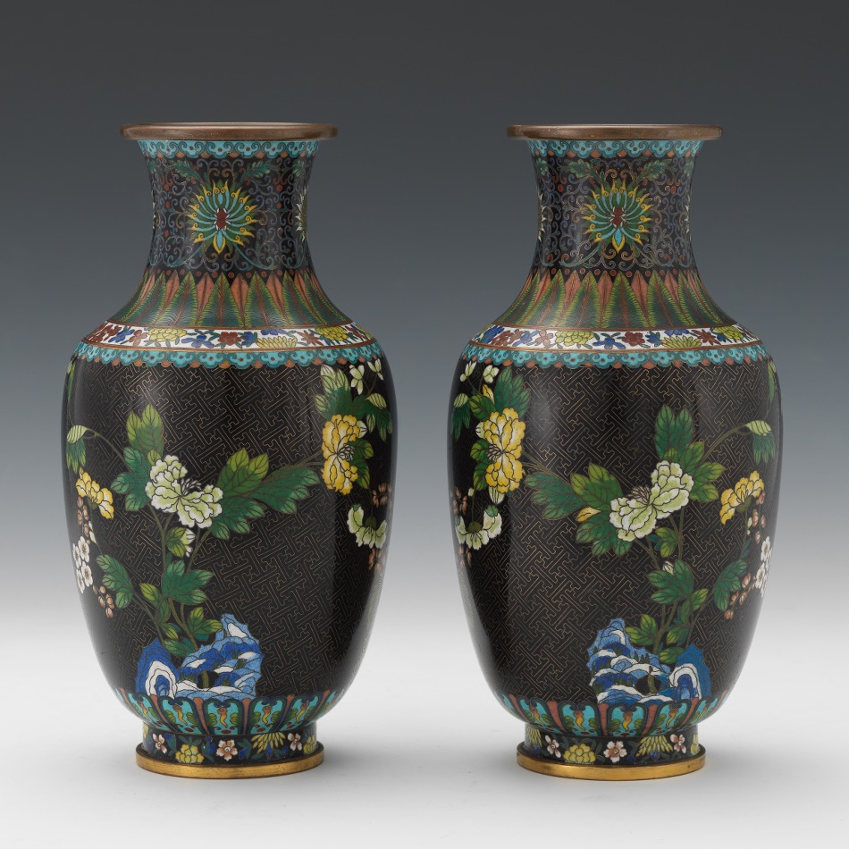 Pair of Chinese Cloissone Noire Mirror Image Vases, ca. Late Qing Dynasty/Republic Period