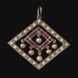 Platinum Diamond, Ruby Pearl Pendant