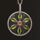 Ladies' Diamond, Peridot, Pink Tourmaline and Onyx Pendant on Chain