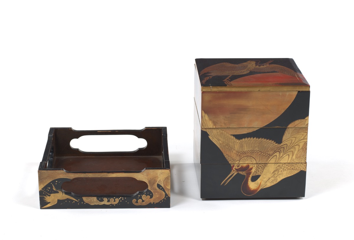 Japanese Tsuru & Kame (Crane & Turtle) Takamaki-e Gold on Black Lacquered Wood Three-Chamber Nestin - Image 5 of 10