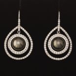 A Pair of Black Pearl and Diamond Pendant Earrings