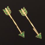 A Pair of Gold Arrow Clip on Earrings with Green Garnets