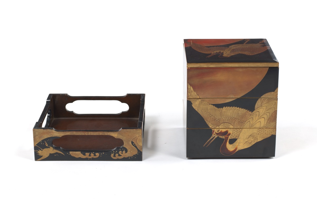 Japanese Tsuru & Kame (Crane & Turtle) Takamaki-e Gold on Black Lacquered Wood Three-Chamber Nestin - Image 3 of 10
