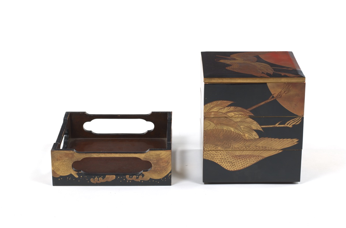 Japanese Tsuru & Kame (Crane & Turtle) Takamaki-e Gold on Black Lacquered Wood Three-Chamber Nestin - Image 2 of 10
