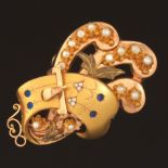 Large Tri-Tone Gold, Seed Pearl and Blue Sapphire Brooch