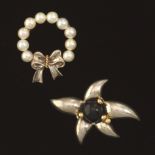 Two Tiffany & Co. Sterling Silver, 18k Gold, Black Onyx and Pearl Pin Brooches