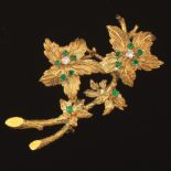 Retro Floral Design Brooch with Emeralds and Diamonds